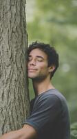 Young man with curly hair embraces a tree in a serene forest, showcasing a connection with nature and promoting environmental awareness and harmony photo