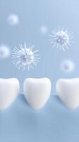 Three white teeth with floating bacteria and viruses in a clean blue background representing dental health and hygiene concepts for oral care awareness photo