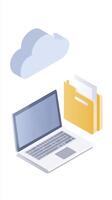 Laptop with open screen, cloud storage icon above, and yellow folder representing digital organization and data management in modern technology photo
