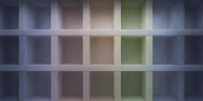 Abstract wooden shelf with empty compartments in various shades creating a visually appealing background for design and display purposes photo
