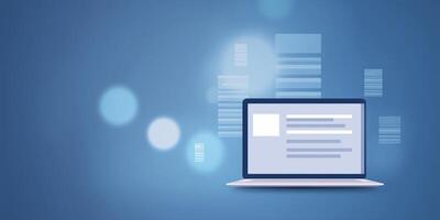 Laptop mock up with blank screen on blue background featuring abstract digital elements and soft bokeh lights for creative design projects photo