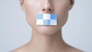 Woman with blue and white checkered tape over her mouth, conveying silence and communication barriers in a minimalist artistic portrait photo