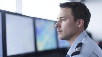 Male air traffic controller focused on monitors in a control tower, ensuring safe flight operations and managing air traffic with precision and expertise photo