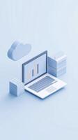 3D illustration of a laptop displaying growth charts surrounded by cloud storage and stacked files representing digital data management and analytics photo