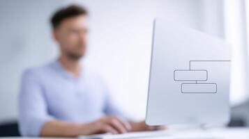 Professional man working on computer with flowchart graphic on screen in modern office environment showcasing productivity and focus on task completion photo