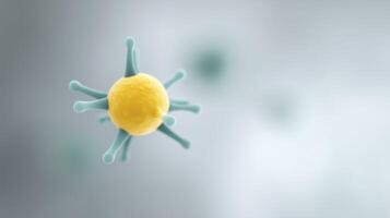 Microbial cell illustration showcasing vibrant yellow structure with green appendages against a soft blurred background representing microscopic environment photo