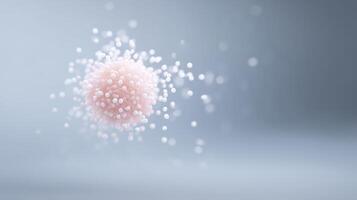 Abstract illustration of a pink sphere surrounded by floating white particles on a soft gradient background conveying a sense of motion and depth in a digital art style photo