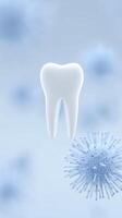 White tooth illustration surrounded by abstract blue bacteria and virus shapes representing dental health and hygiene concepts in a modern design photo