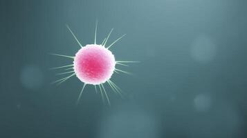 Microscopic view of a vibrant pink cell with protruding spikes against a soft blurred background showcasing biological intricacies and cellular structures photo