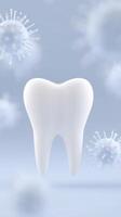 White tooth illustration surrounded by abstract virus particles representing dental health and hygiene in a clean, modern design with soft colors photo