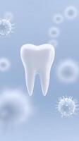 White tooth illustration surrounded by bacteria and viruses on a soft blue background representing dental health and hygiene concepts for medical visuals photo