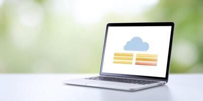 Laptop mock up with blank screen displaying cloud storage concept against a blurred green background with soft lighting and minimal distractions photo