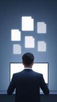 Businessman in suit working on computer with blank screen and floating document icons creating a modern workspace atmosphere for productivity photo