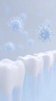 Dental health concept featuring white teeth with floating bacteria and viruses in a soft blue background illustrating oral hygiene and infection prevention photo