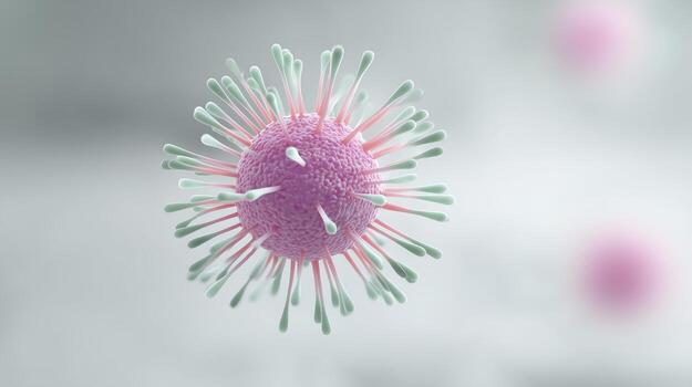 3D illustration of a virus with colorful spikes, showcasing intricate details and textures against a soft blurred background with copy space for design photo