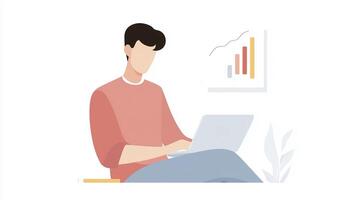 Young man working on laptop with financial charts on wall, illustrating modern workspace and productivity in a digital environment with copy space photo