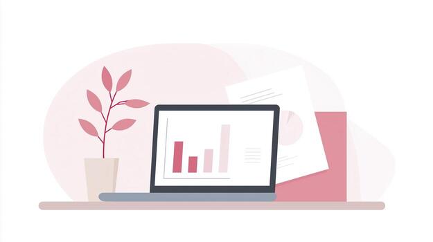 ordenador portátil mostrando bar grafico en escritorio con planta y documentos en suave pastel colores, ideal para negocio presentaciones y creativo proyectos con Copiar espacio foto