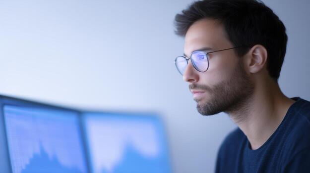 Focused young man with glasses analyzing data on dual monitors in a modern workspace with soft lighting and a calm atmosphere for productivity photo