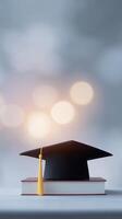 Graduation cap placed on top of stacked books with soft bokeh background creating an inspiring academic atmosphere for educational themes photo