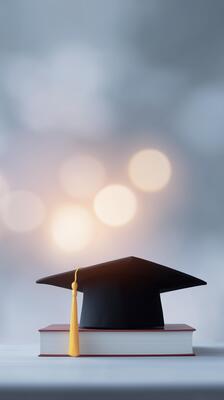 Graduation cap placed on top of stacked books with soft bokeh background creating an inspiring academic atmosphere for educational themes