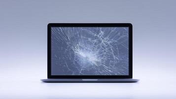 Laptop mock up with cracked screen displaying abstract design on a minimalistic background with soft gradient and copy space for text or graphics photo