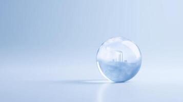 Transparent sphere reflecting industrial landscape with smokestacks, symbolizing environmental concerns and the impact of pollution on nature and society photo