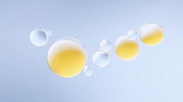 Transparent bubbles with yellow liquid inside floating against a soft blue background creating a serene and calming atmosphere for design purposes photo