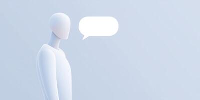Minimalist 3D illustration of a white mannequin figure with a speech bubble, set against a soft gradient background, symbolizing communication and expression in a modern design context photo