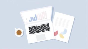 Laptop with open screen displaying graphs and charts, alongside documents and a coffee cup, creating a productive workspace atmosphere for business analysis and planning photo