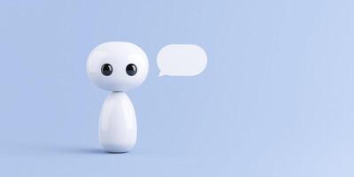 Minimalist 3D illustration of a cute white robot character with large eyes standing against a soft blue background, featuring a speech bubble for communication concepts photo