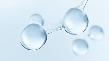 Molecular structure of water with transparent droplets floating in a light blue background showcasing purity and scientific exploration of chemistry concepts photo