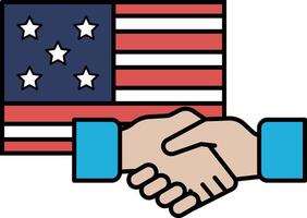 Two hands shaking in front of an American flag vector