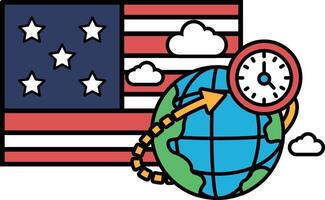A cartoon of a clock pointing to the number 12 on a globe with the American flag vector