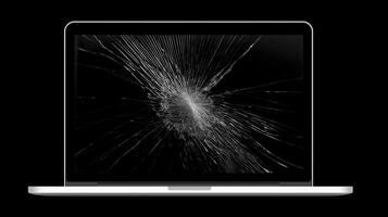 Laptop with cracked screen displaying intricate patterns of shattered glass on a dark background, symbolizing damage and technology failure photo