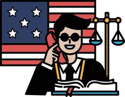 A man in a suit is talking on a phone while sitting in front of a flag vector