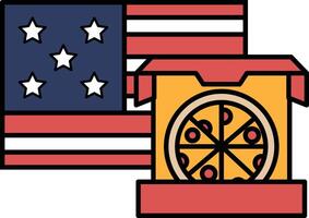 A pizza box with a slice of pizza on it is shown next to an American flag vector