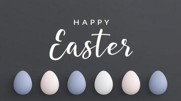 Colorful Easter eggs arranged in a row with elegant handwritten text saying Happy Easter on a dark background, creating a festive and cheerful atmosphere for the holiday celebration photo