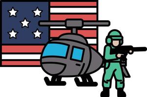 A man in a green uniform is holding a gun and standing next to a helicopter vector