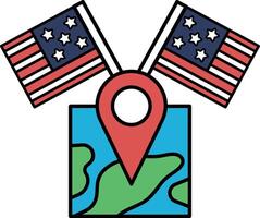 A red dot is placed on a map with two American flags in the background vector