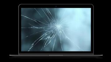 Laptop mock up with cracked screen displaying abstract blue background for design purposes and creative projects photo