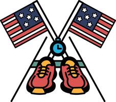A pair of red running shoes are on a white background with two American flags vector