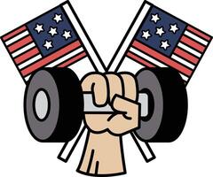 A cartoon of a man lifting a dumbbell with two American flags in the background vector