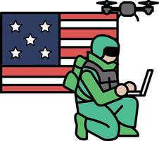 A man in a green uniform is sitting in front of a laptop computer vector