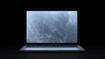 Laptop mock up with cracked screen displaying intricate web of fractures against a dark background, ideal for design and technology concepts photo