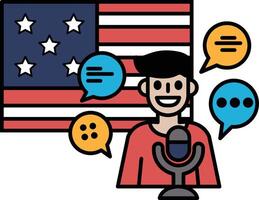 A man is talking into a microphone in front of an American flag vector