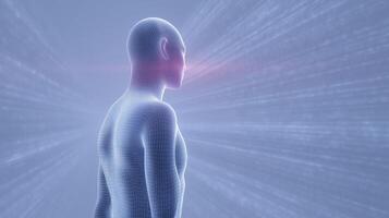 3D illustration of a human figure composed of digital wireframe, standing in a futuristic environment with light rays emanating, representing technology and human connection photo