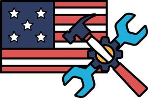 A hammer and wrench are on top of an American flag vector