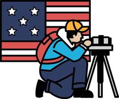A man is crouching down and taking a picture of an American flag vector