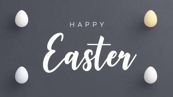 Happy Easter greeting with elegant typography, surrounded by pastel-colored eggs on a dark background, creating a festive and cheerful atmosphere for spring celebrations photo