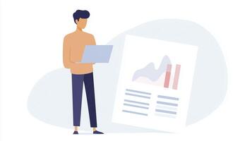 Young man standing with laptop in hand, analyzing business report with graphs and data, showcasing modern workspace and digital technology for professional growth photo